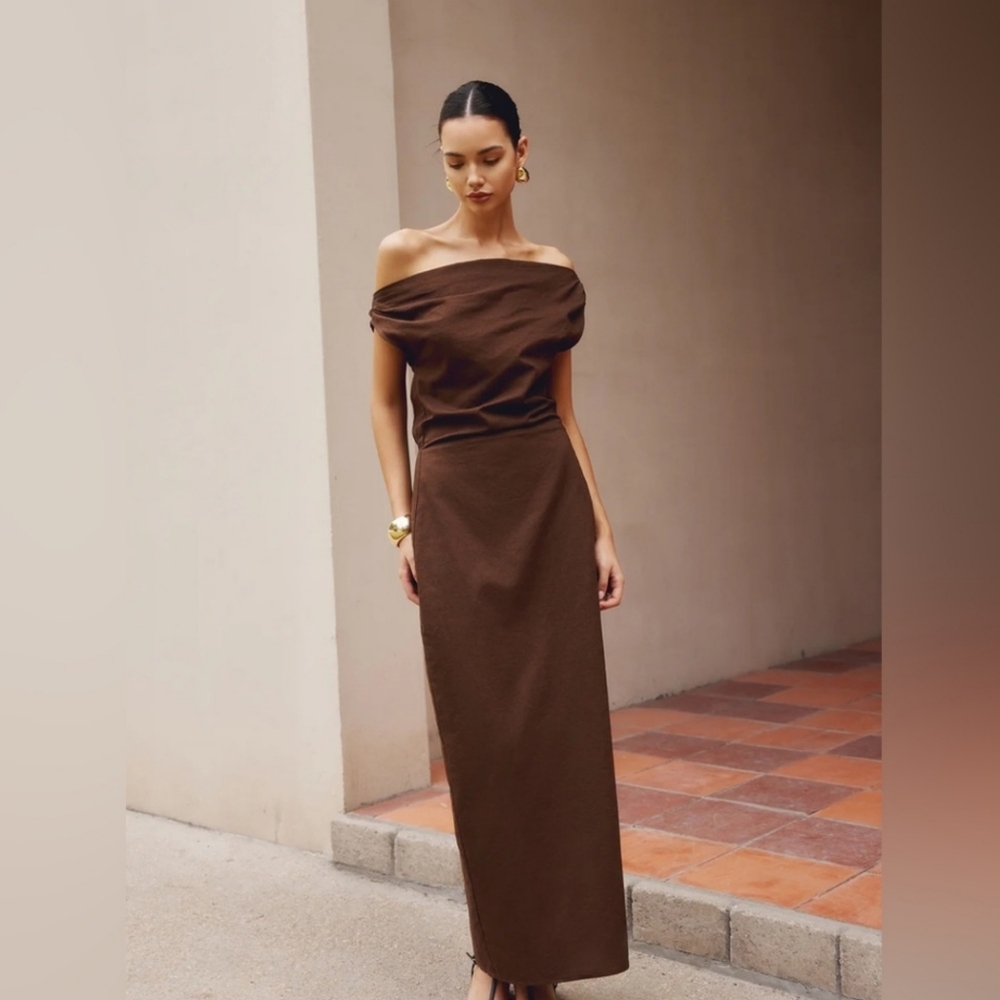 Brown linen cotton blend one shoulder asymmetrical long dress size Small